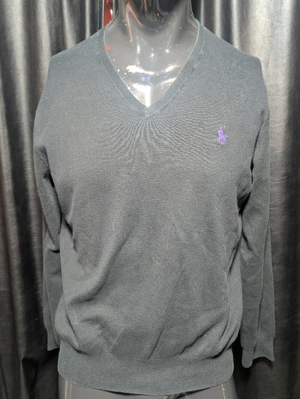 Polo Ralph Lauren Men's V-Neck Knit Sweater Size L Black Purple Embroidered